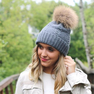 angora cable knit hat- fur pom beanie dark grey