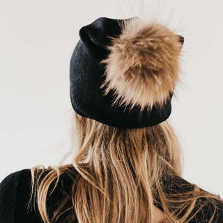 Fine Knit Angora Fur Pom Slouchy Beanie-Hat-Pretty Simple Wholesale