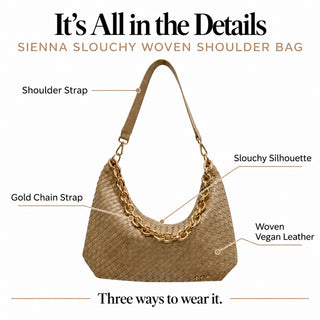 A beige woven shoulder bag with a gold chain strap, shown on a white background with text labels pointing out features like the shoulder strap, slouchy silhouette, gold chain strap, woven vegan leather, and three ways to wear it.