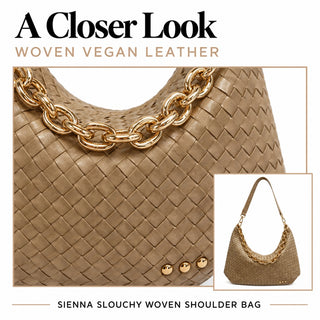 A close-up product image of a woven vegan leather shoulder bag in a warm taupe-brown color, featuring a chunky gold chain strap and three gold studs. The image includes text overlays reading 'A Closer Look WOVEN VEGAN LEATHER' and 'SIENNA SLOUCHY WOVEN SHOULDER BAG' with a small inset showing the full bag.