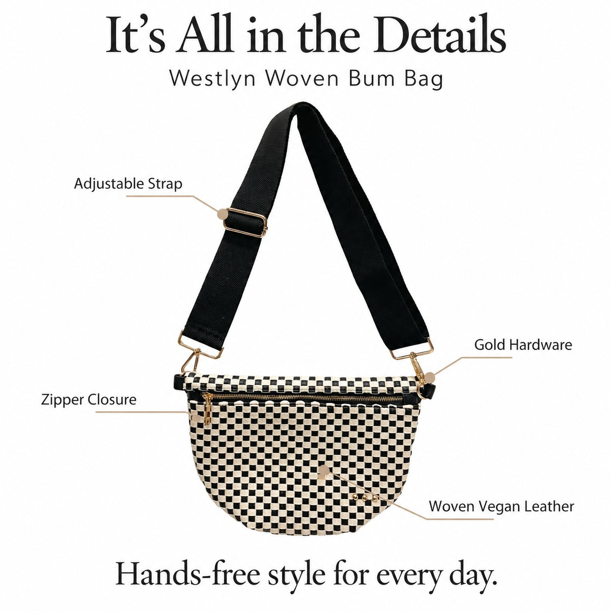 Westlyn Woven Bum Bag with a black and beige checkered pattern, black adjustable strap, and gold-tone hardware, shown with feature callout labels on a white background.