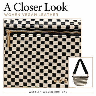 A woven vegan leather bum bag with a black and cream checkerboard pattern, gold zipper, and gold hardware, shown with text reading 'A Closer Look' and 'Woven Vegan Leather' plus a small inset showing the bag worn as a shoulder bag.