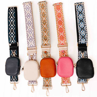 Attachable pouches on removeable bag straps. Canvas bag straps in navy, cream, brown, pink, and black