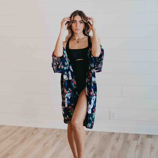 Navy Tropical Birds Tie Front Kimono- Wholesale - Pretty Simple