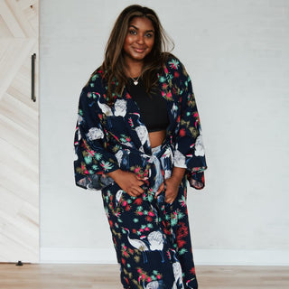 Navy Tropical Birds Tie Front Kimono-Kimono-Pretty Simple Wholesale