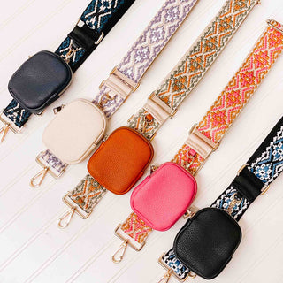 Attachable pouches on removeable bag straps. Canvas bag straps in navy, cream, brown, pink, and black