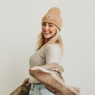 Stay Smiling Rolled Cuff Beanie-Hat