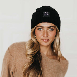 Stay Smiling Rolled Cuff Beanie-Hat