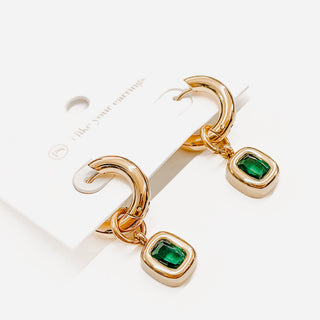 Emerald Accent Chunky Hoop Gold Earrings-Earrings