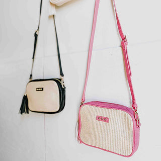 Pretty Simple Silvia Straw Camera Bag - pink and black